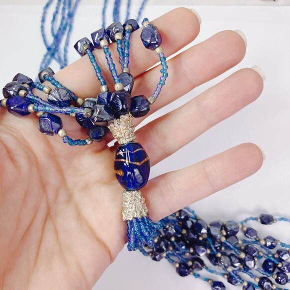 Vintage Glass Bead Tassel Necklace Blue Multi Strand Bohemian Artisan Jewelry - Picture 4 of 13